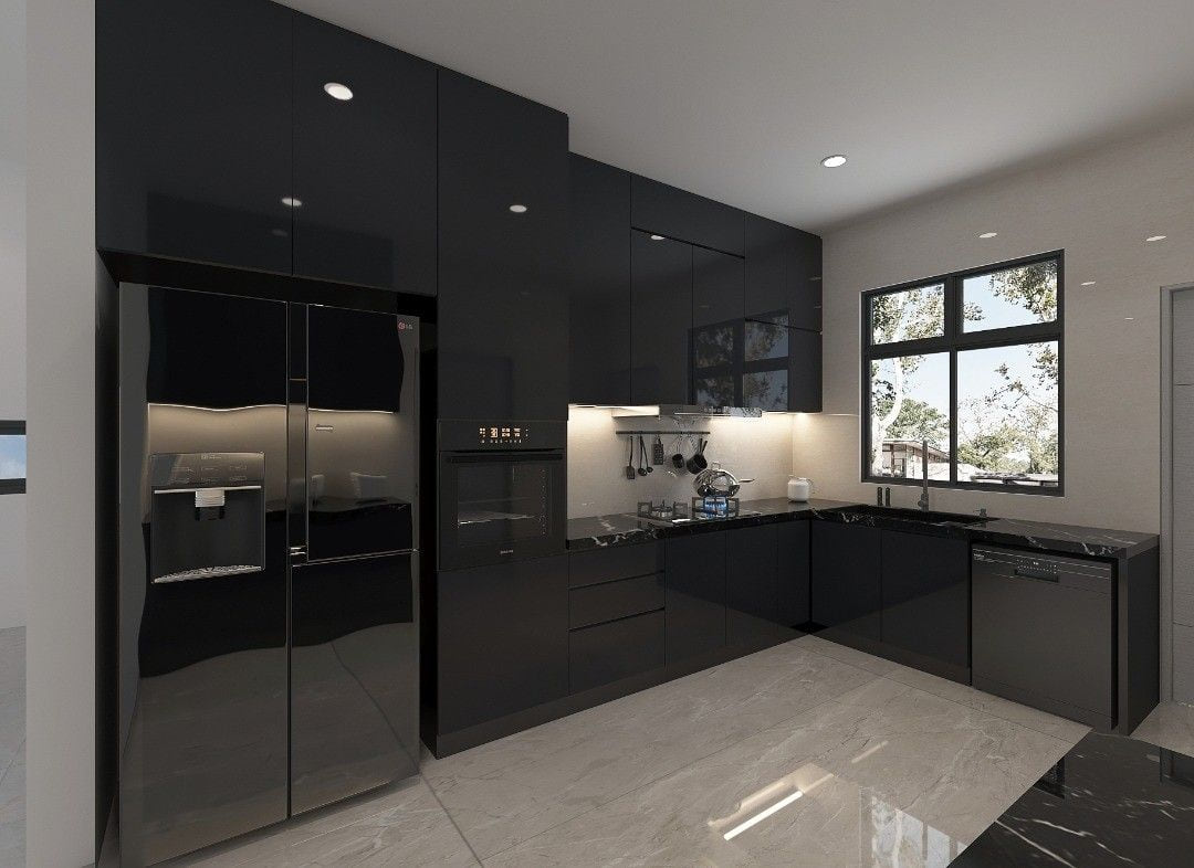 A dark gloss kitchen with a glass-panelled upper run, a stainless fridge and large windows.